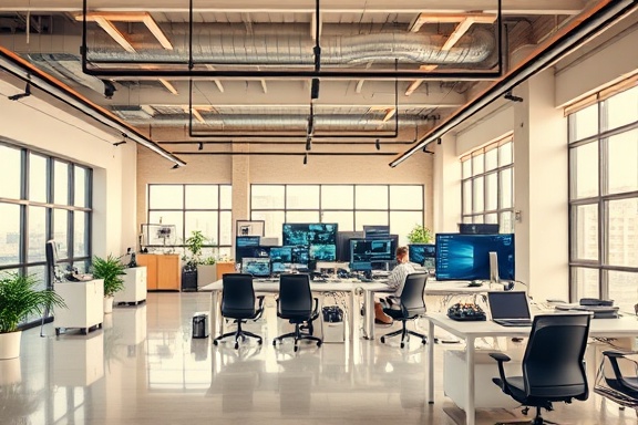 cutting-edge ecommerce solution, innovative, implementing, photorealistic, spacious development hub with tech accessories, highly detailed, software deployment visuals, high-resolution clarity, warm tones, natural daylight, shot with a 70mm lens.