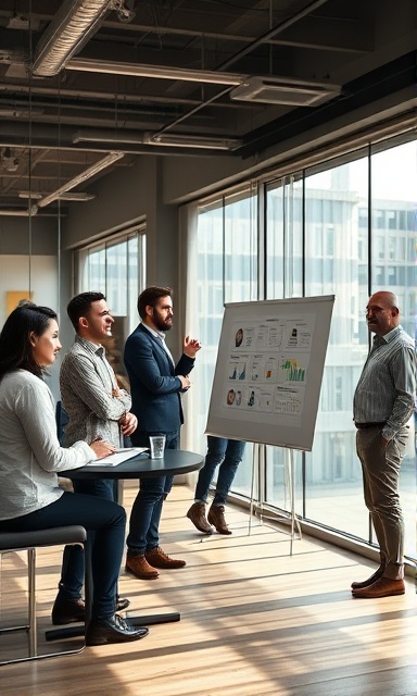 innovative lead gen strategy meeting, enthusiastic, collaborating with team, photorealistic, open-space office with glass walls, highly detailed, active discussions and digital boards, 10k resolution, warm colors, natural sunlight, shot with a wide-angle lens.