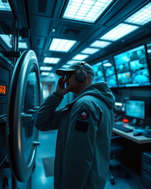 state-of-the-art vaultsecurity, vigilant, scanning for threats, photorealistic, high-tech security room with monitors and alarms, highly detailed, security systems in operation, 1/125s shutter speed, cool blues, under artificial lighting, shot with a 24mm lens