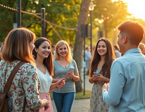 harmonious feed interaction, joyful users, exchanging positive comments, photorealistic, community park with a digital interface overlay, highly detailed, blended physical and digital realms, high resolution, pastel colors, golden hour lighting, shot with a wide-angle lens.