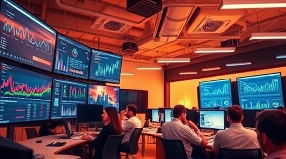 immersive media campaign, captivating and strategic, being planned, photorealistic, inside a digital marketing agency bustling with activity, highly detailed, a wall of monitors showing analytics, high resolution, warm and inviting tones, overhead fluorescent lighting, shot with a standard lens.