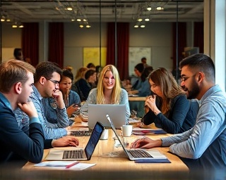 collaborative company growth, enthusiastic, building networks, photorealistic, a bustling co-working space with laptops and coffee cups, highly detailed, diverse group dynamics, 7k resolution, natural colors, diffused lighting, shot with a 24mm lens.