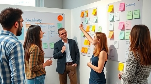 creative lead strategy session, inspiring, brainstorming with team, photorealistic, collaborative workspace with writable walls, highly detailed, sticky notes and markers in use, 6k resolution, colorful palette, bright natural lighting, shot with a 24mm lens.