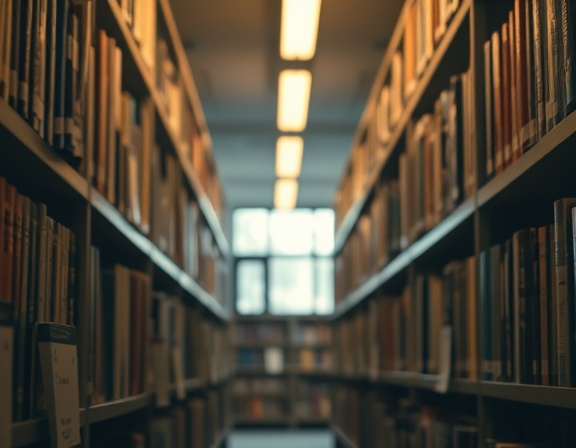 serene SocialAI, contemplative expression, pondering, photorealistic, quiet library with shelves packed with books, highly detailed, floating particles of dust, shot with a 50mm lens, warm tones, soft ambient light