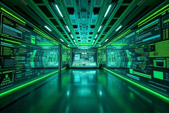 cutting-edge site accelerator, futuristic appearance, optimizing website load times, photorealistic, spacious tech hub with interactive walls, highly detailed, fast-moving digital information, high dynamic range, chrome and green tones, soft backlit lighting, shot with a 24mm lens