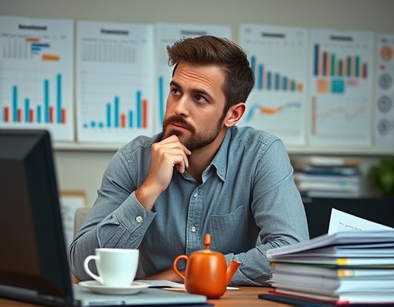 dedicated media manager, thoughtful expression, organizing schedules, photorealistic, office space with charts and calendars, highly detailed, coffee cups and files, precise dimensionality, muted colors, soft lighting, shot with a 35mm lens.