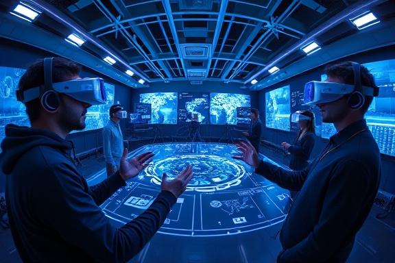 interactive media interface, cutting-edge and intuitive, being tested, photorealistic, within a virtual reality lab with headsets and digital displays, highly detailed, users interacting with holograms, 300 dpi resolution, vibrant and immersive colors, LED lighting, shot with a fisheye lens.