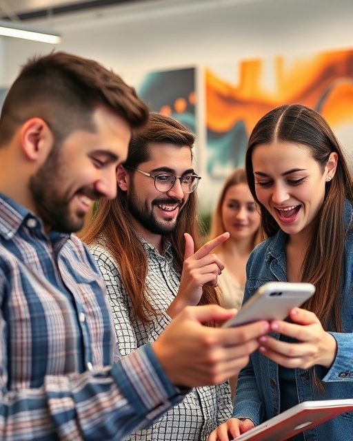dynamic feed engagement, faces excited, tapping and scrolling fast, photorealistic, modern open-plan office with abstract art, highly detailed, multiple simultaneous connections, super sharp, vibrant hues, soft ambient lighting, shot with a 50mm lens.