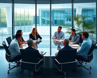 cohesive course media, coherent, facilitating discussions, photorealistic, round table meeting with diverse participants, highly detailed, glassy conference room, ultra HD, cool tones, subdued lighting, shot with a 50mm lens.