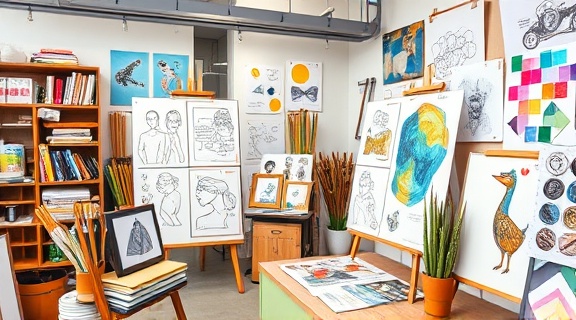 creative customdesign, inspired expression, sketching, photorealistic, art studio with design tools and sketches on walls, highly detailed, moodboards and color swatches, vivid detail, pastel hues, soft lighting, shot with a macro lens.