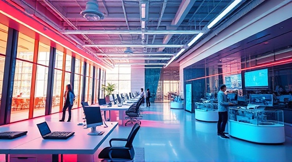 cutting-edge optimization upgrade, inspired, implementing new technologies, photorealistic, a modern open-plan office with digital interfaces, highly detailed, a cascade of innovation and creativity, ultra-high resolution, futuristic neon and pastel colors, diffused natural lighting, shot with an anamorphic lens.