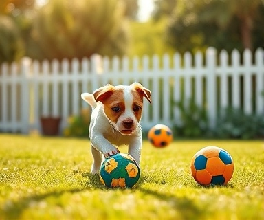 active puppy playing with custom toys, energetic, fetching a ball, photorealistic, a sunny backyard with lush greenery and a white picket fence, highly detailed, motion blur from running, high contrast, bright, morning light, shot with a telephoto lens.