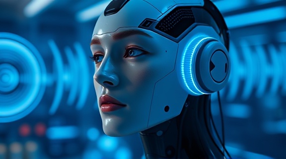 immersive AI communication, thoughtful expression, transmitting signals, photorealistic, in a futuristic space with interactive AI bots and digital art, highly detailed, pulsating sound waves, ultra-sharp, cobalt blue, low-key lighting, shot with a standard lens.