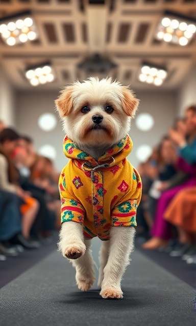 fashionable pet in colorful pet clothing, proud, strutting down a runway, photorealistic, chic interior catwalk with an audience clapping, highly detailed, camera flashes, high-resolution texture, vivid, spotlight, shot with an 85mm prime lens.