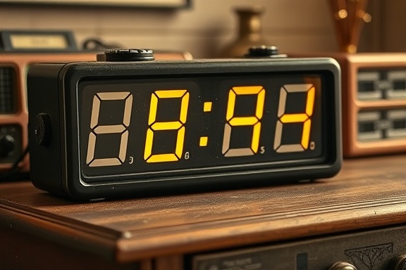 retro digital countdown, nostalgic sentiment, flipping numbers, photorealistic, placed on a vintage wooden desk, highly detailed, dust particles in light beam, ultra-sharp focus, sepia-toned display, warm evening light, shot with a 70-200mm zoom lens.