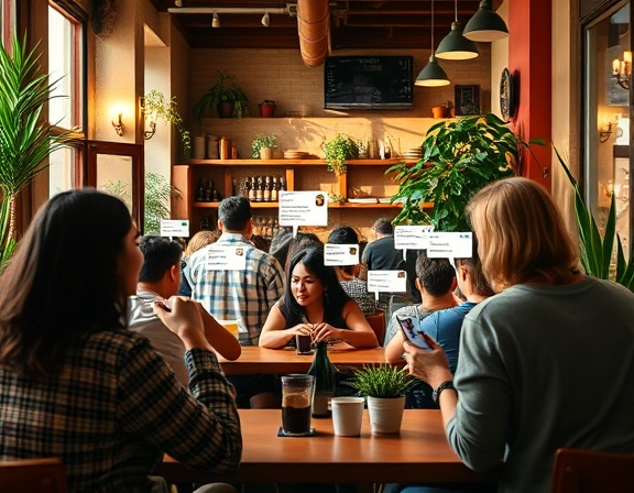 interactive feed interaction, users focused, feverishly posting and responding, photorealistic, interior of a cozy coffee shop with plants, highly detailed, digital notifications popping up, high clarity, earthy tones, natural sunlight, shot with an 85mm lens.