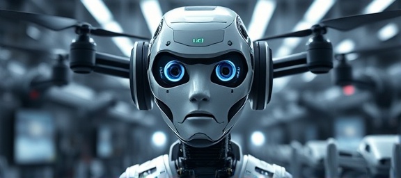 advanced AI technology, inquisitive expression, evolving rapidly, photorealistic, futuristic lab filled with AI robots and drones, highly detailed, fluid movement captures, crystal-clear detail, monochromatic tones, backlit lighting, shot with a zoom lens