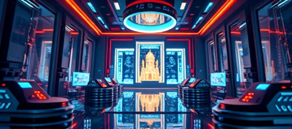 cutting-edge Empire subscription, inviting expression, offering limitless possibilities, photorealistic, modern tech environment with floating holograms, highly detailed, interactive elements, high-resolution clarity, vibrant colors, soft lighting, shot with a macro lens