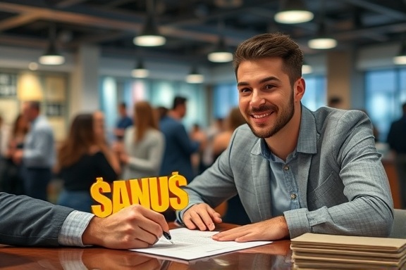 ambitious startup bonus, satisfied expression, signing papers, photorealistic, bustling coworking space, highly detailed, networking events in the background, sharp clarity, vibrant colors, ambient indoor lighting, shot with a 35mm lens.