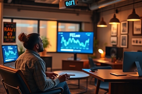 popular feed followers, expressions of excitement, watching follower count rise, photorealistic, tech-savvy workspace with sleek furniture, highly detailed, ticker showing follower growth, detailed textures, varied colors, incandescent lighting, shot with a 24mm lens.