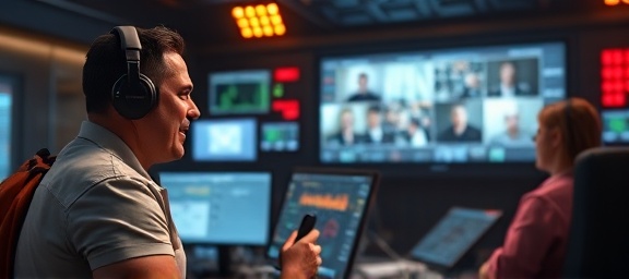 next-gen reporter tech, enthusiastic expression, receiving information, photorealistic, digital control room environment, highly detailed, augmented reality features, high-resolution graphics, deep crimson and gold, warm key lighting, shot with a 35mm lens