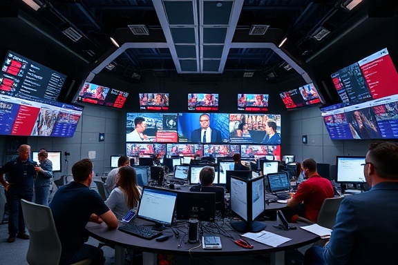 seamless site media, sleek, updating news, photorealistic, newsroom office with bustling reporters, highly detailed, scrolling news tickers, full HD, neutral colors, direct lighting, shot with a 28mm lens.