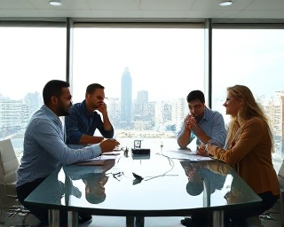 diverse Site Team, collaborative expression, brainstorming ideas, photorealistic, a glass-walled conference room overlooking a cityscape, highly detailed, dynamic gestures and postures, high clarity, neutral tones, natural daylight, shot with a 35mm lens.
