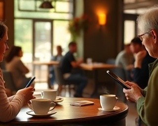 user-friendly media site, appealing, browsing interface, photorealistic, cozy cafe with patrons using tablets, highly detailed, steaming coffee cups, 6K resolution, earthy tones, afternoon sun rays, shot with a 24mm wide wide-angle lens.