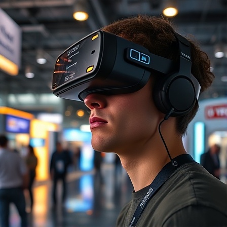 visionary AI technology, contemplative expression, creating virtual reality, photorealistic, tech expo floor with glowing booths, highly detailed, immersive digital worlds, HD quality, vibrant colors, spotlight illumination, shot with a 50mm lens.