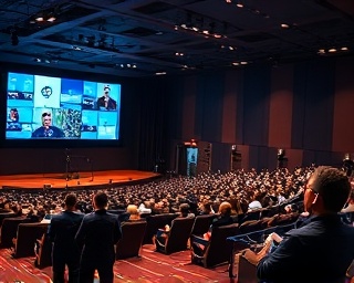 versatile media course, enlightening, presenting modules, photorealistic, high-tech auditorium with projection screens, highly detailed, digital interfaces and instructors, 8K, bold colors, stage lighting, shot with a 24mm lens.