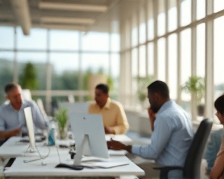 innovative monetization strategy, thoughtful expression, creating new business models, photorealistic, contemporary open-plan workspace, highly detailed, digital devices with analytics software, cinematic depth of field, pastel colors, natural daylight, shot with a 35mm lens