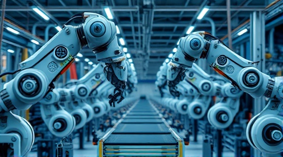 innovative AI automation, diligent, assembling gadgets, photorealistic, smart factory environment, highly detailed, robotic arms and conveyor belts, 4k resolution, cool metallic tones, floodlit environment, shot with a macro lens.
