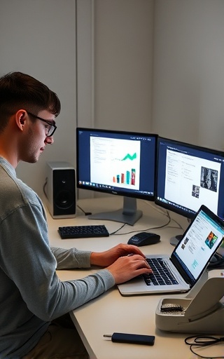 digital posting, engaged, crafting posts, photorealistic, minimalistic studio with sleek gadgets, highly detailed, screens showing analytics, digital finesse, metallic silver, indirect lighting, shot with a 85mm lens