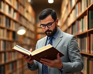 modern ads strategy guide, studious marketing specialist, writing notes, photorealistic, cozy library with floor-to-ceiling bookshelves, highly detailed, pages turning in a breeze, f/2.4, neutral and calming colors, warm desk lamp light, shot with a 70-200mm camera lens