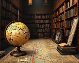 conceptual journey roadmap, thoughtful, analyzing directions, photorealistic, a quiet library with a globe and old maps, highly detailed, historical artifacts, 4k resolution, sepia tones, ambient light, shot with a telephoto lens.