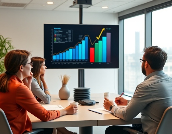 dynamic company growth, optimistic, strategizing, photorealistic, a modern conference room with a digital screen displaying graphs, highly detailed, energetic team discussions, 8k resolution, warm tones, natural daylight, shot with a macro lens.