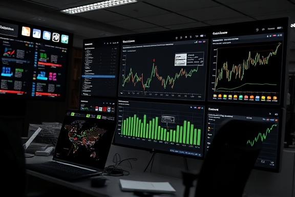 interactive ecommerce dashboard, insightful, analyzing, photorealistic, digital office with code displays, highly detailed, graphs and charts updates, 8K detail, monochrome with pops of color, gentle illumination, shot with a 28mm lens.