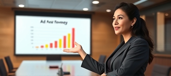 ad revenue strategy, confident businesswoman, presenting a chart, photorealistic, corporate boardroom with a projection screen, highly detailed, gestured expression, f/2.2, warm tones, overhead lights softly illuminating the conference table, shot with a 35mm camera lens