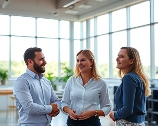 energetic BrightAI, joyful expression, collaborating, photorealistic, modern open-office space with panoramic windows, highly detailed, colleagues engaged in brainstorming, shot with a 24mm lens, vibrant hues, natural daylight