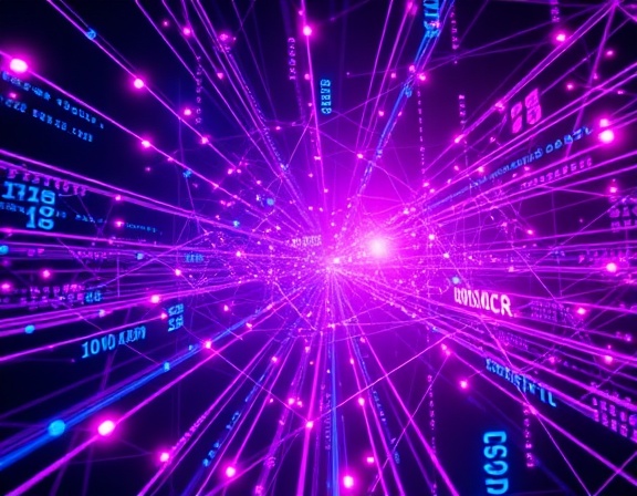 dynamic communication AI, engaging expression, orchestrating real-time data transfer, photorealistic, interconnected digital network with flashing data nodes and pathways, highly detailed, pulses of light and binary code, 4K clarity, neon purples and cyans, cyberpunk lighting, shot with a wide-angle lens