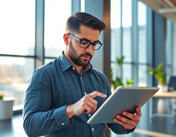 modern plugin update, concentrated expression, scrolling through logs on a tablet, photorealistic, a sleek modern office with a large window view, highly detailed, sunlight streaming through, ultra-wide lens, vibrant blues and whites, natural morning light, shot with a 24mm lens
