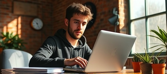 digital ad income, enthusiastic young entrepreneur, clicking on a laptop, photorealistic, co-working space with exposed brick walls, highly detailed, swirling coffee steam, f/2.0, earthy hues, morning sunlight casting shadows, shot with a 24mm camera lens