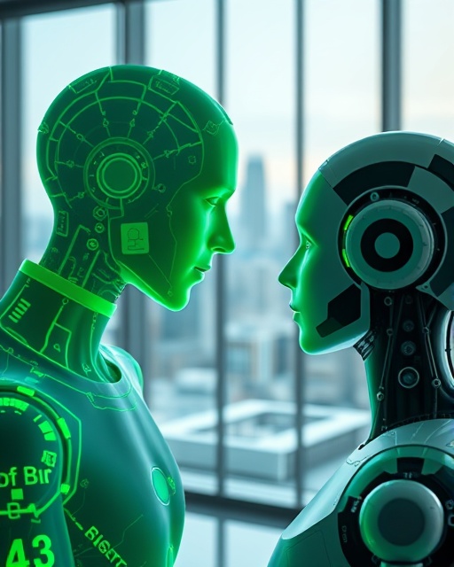sleek AI technology, thoughtful, interacting with digital holograms, photorealistic, in a modern office with glass walls, highly detailed, with a city skyline in the background, 4k resolution, neon green, soft indoor lighting, shot with a macro lens.