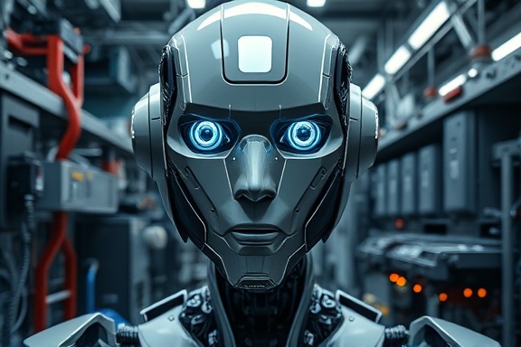 high-tech AI innovation, reflective expression, optimizing processes, photorealistic, at an advanced robotics lab surrounded by intricate machinery, highly detailed, energy pulses, razor sharp clarity, mech grey, overhead lighting, shot with a wide-angle lens.