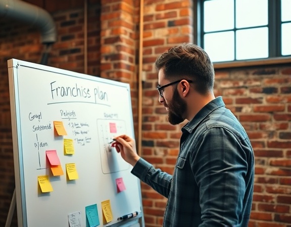 meticulous franchise plan, focused, writing business strategies on a whiteboard, photorealistic, industrial-style office with exposed brick walls, highly detailed, markers and sticky notes on board, pastel colors, studio lighting, shot with a 24mm lens.