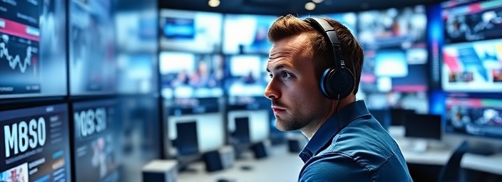cutting-edge reporter upgrade, inquisitive expression, researching topics, photorealistic, modern workspace with sprawling monitors, highly detailed, scrolling newsfeeds, immersive depth, ice blue and white, backlit ambiance, shot with a prime 28mm lens