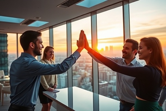 successful ad campaign profits, joyful marketing team, high-fiving, photorealistic, sleek glass-walled office overlooking a cityscape, highly detailed, dynamic motion blur, f/1.4, sunset hues, ambient lighting from skylights, shot with a 50mm camera lens