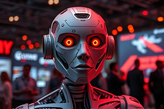 pioneering AI innovation, determined, advancing technology, photorealistic, conference expo setup, highly detailed, prototype displays and tech showcases, 4k resolution, vibrant reds and blacks, exhibition lighting, shot with a prime lens.