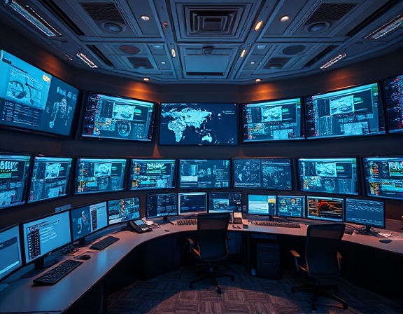 dynamic AI automation, seamless, integrating systems, photorealistic, control room ambiance, highly detailed, synchronized monitors and control panels, 4k resolution, digital whites and blues, overhead spotlights, shot with a cine lens.