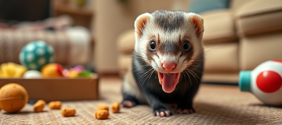 mischievous ferret, playful, pulling treats from a box, photorealistic, in a living room with toys scattered, highly detailed, slight motion blur on paws, warm tones, indoor lighting, shot with a short telephoto lens